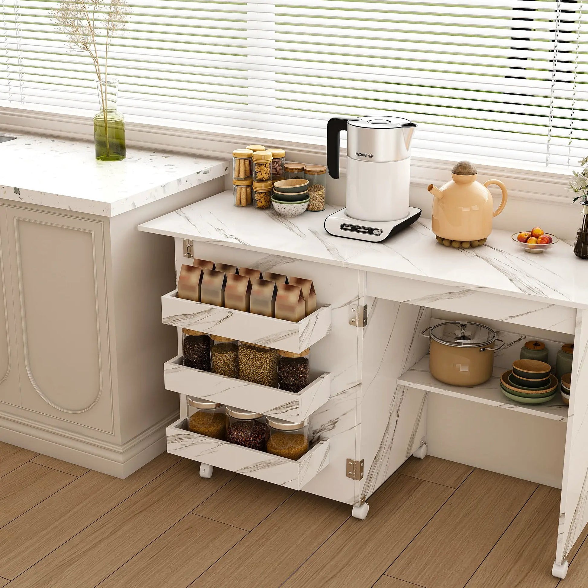 4 In 1 Folding Sewing Table with lockable wheels white marble finish work station on Tampa Home & Garden Store