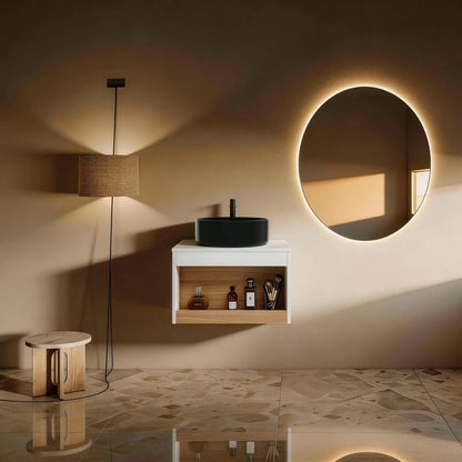 Floating bathroom vanity with glossy round black vessel sink, white cabinet and wood drawers on Tampa Home & Garden Store