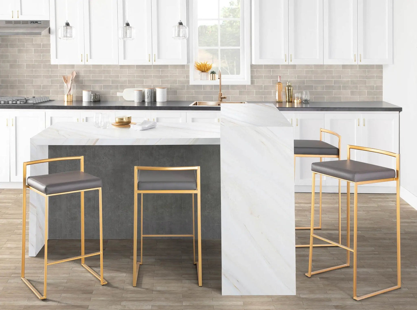 Fuji Contemporary Glam barstool set gold frames and gray seats, 4 stools around island on Tampa Home & Garden Store