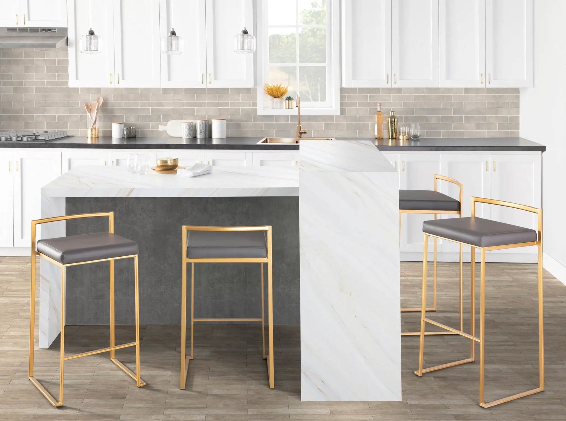 Fuji Contemporary Glam barstool set gold frames and gray seats, 4 stools around island on Tampa Home & Garden Store