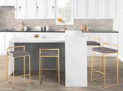 Fuji Contemporary Glam barstool set gold frames and gray seats, 4 stools around island on Tampa Home & Garden Store