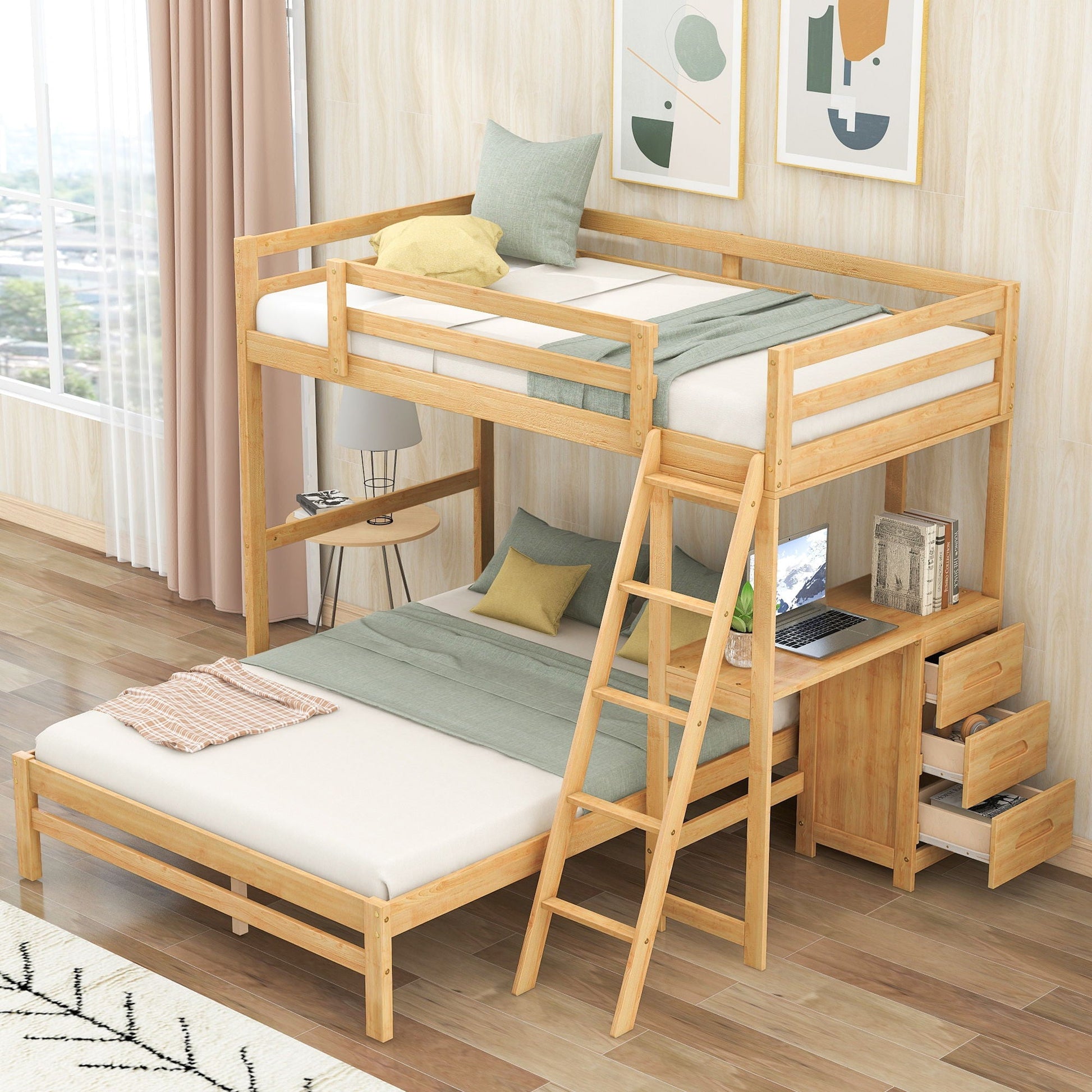 Bunk bed with built-in desk and 3 drawers in natural finish, side ladder, kids room setup on Tampa Home & Garden Store