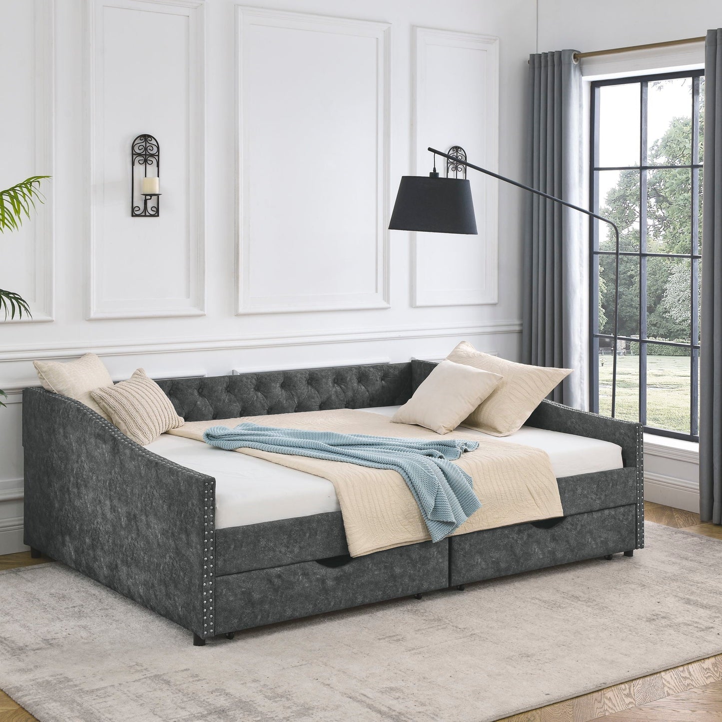 Upholstered Tufted Daybed and Storage Drawers