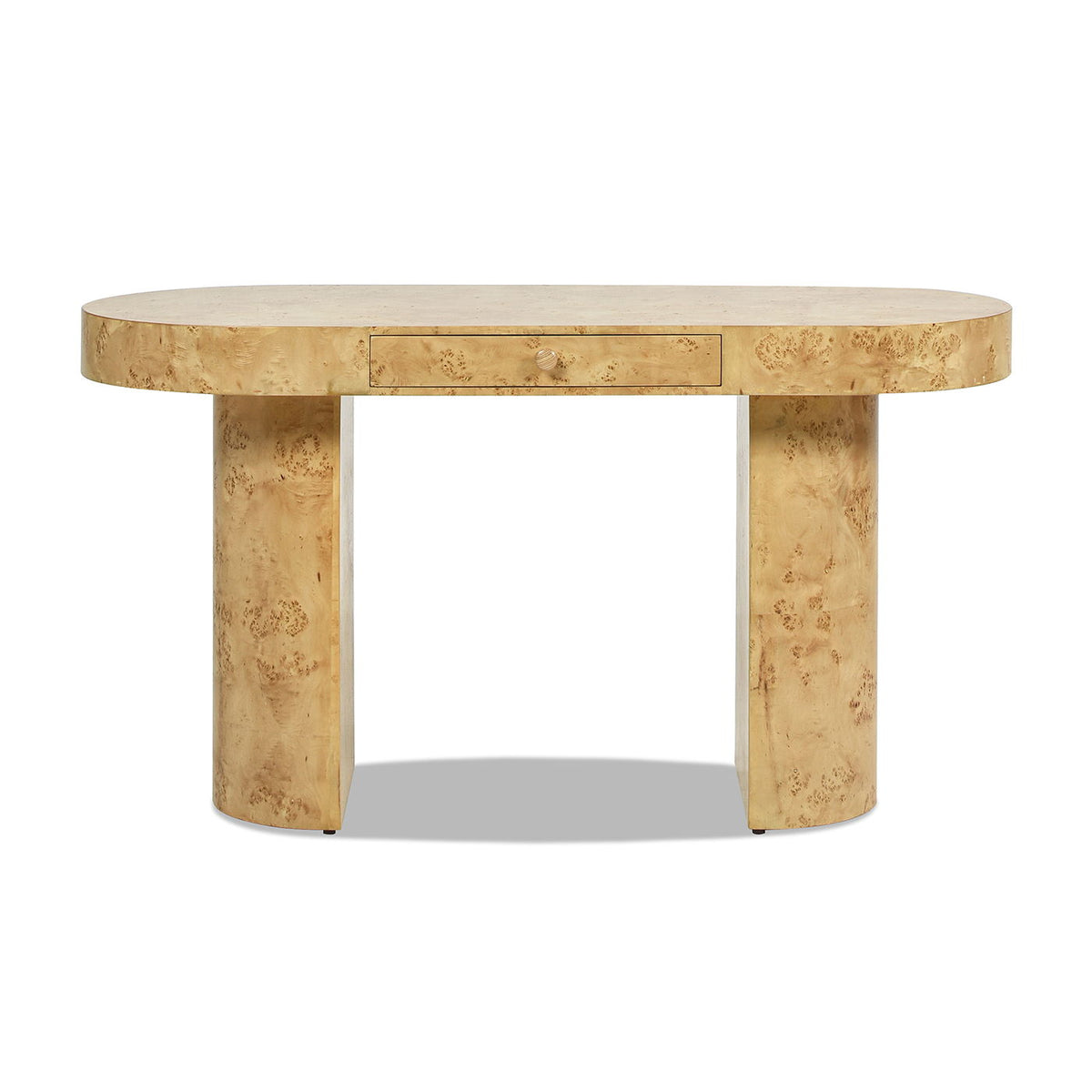 Oval computer desk with burl wood veneer single drawer and pedestal legs on Tampa Home & Garden Store
