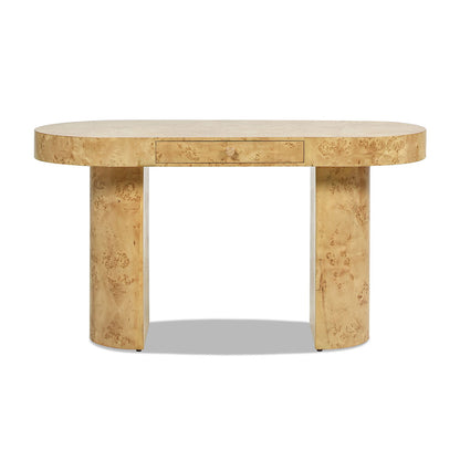 Oval computer desk with burl wood veneer single drawer and pedestal legs on Tampa Home & Garden Store