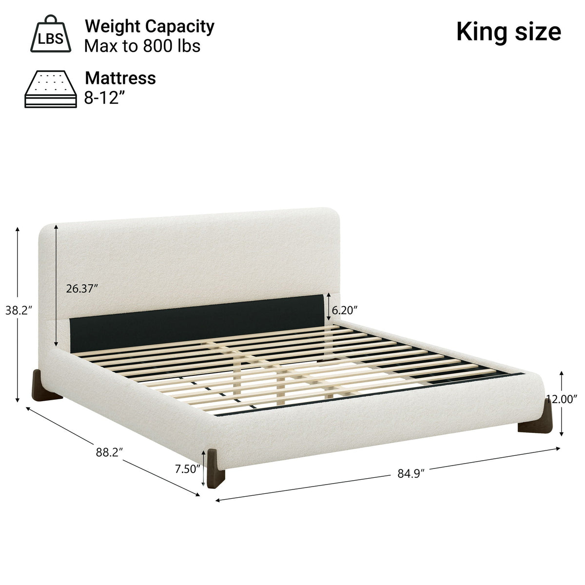 White Boucle Upholstered Bed on Solid Wood Legs