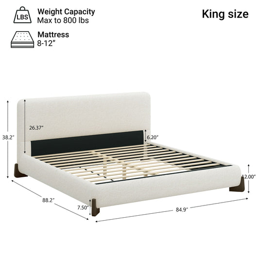 White Boucle Upholstered Bed on Solid Wood Legs