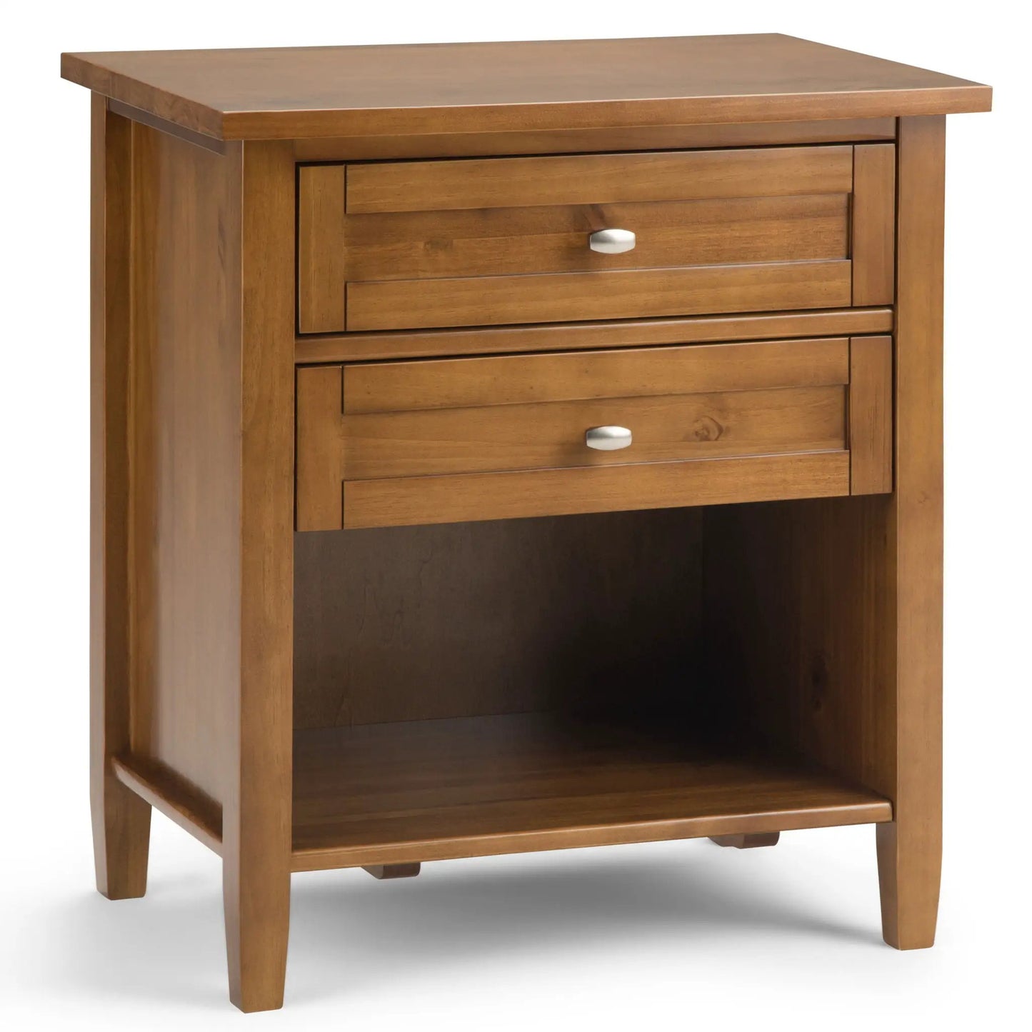 Warm Shaker bedside table in honey wood with silver knobs and open lower shelf on Tampa Home & Garden Store