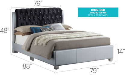 Tufted upholstered king bed by HouseOfZazla with navy headboard and crystal buttons, gray frame on Tampa Home & Garden Store
