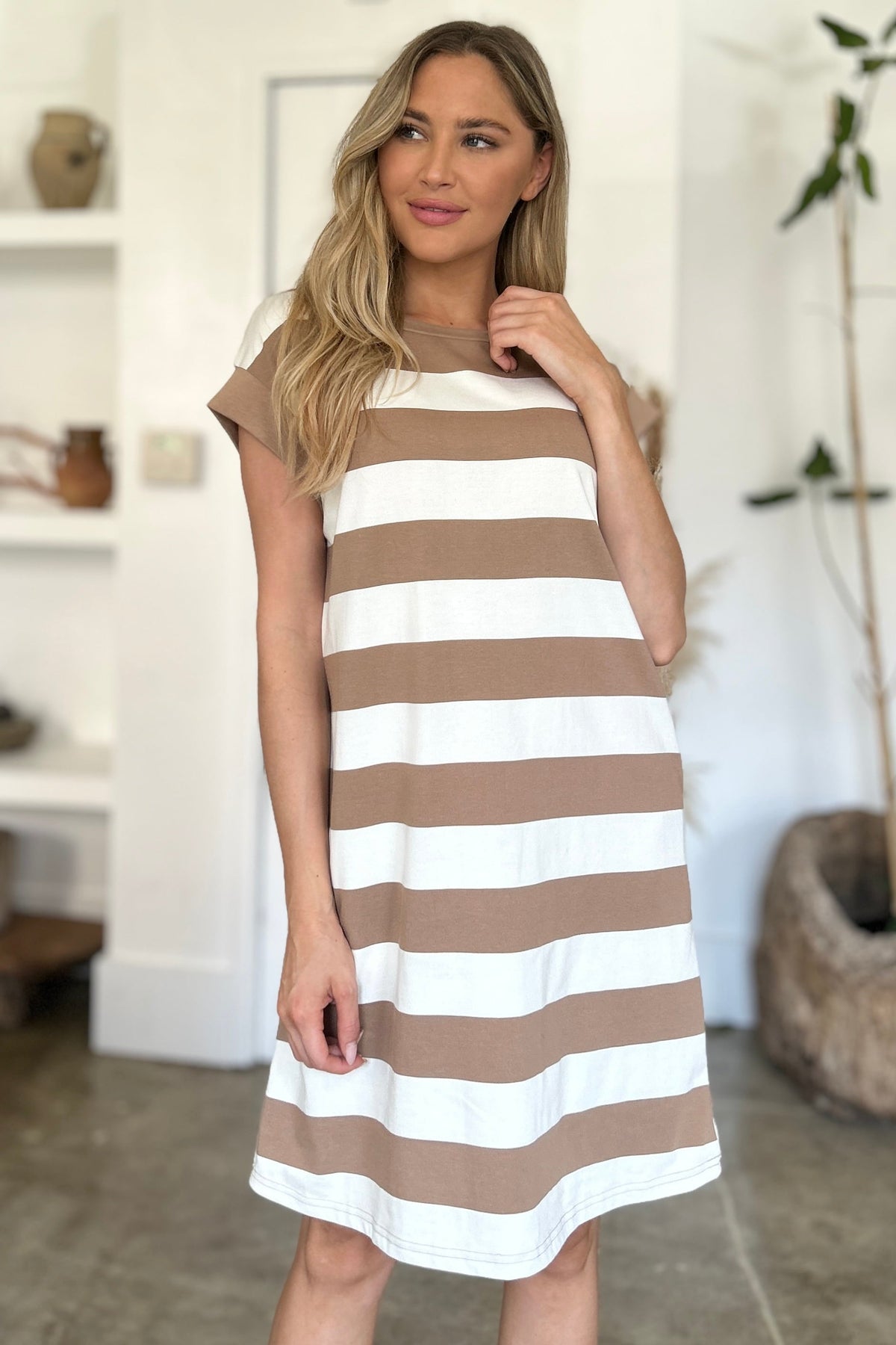 Stevvex striped round-neck cap-sleeve mini dress in tan and white on Tampa Home & Garden Store