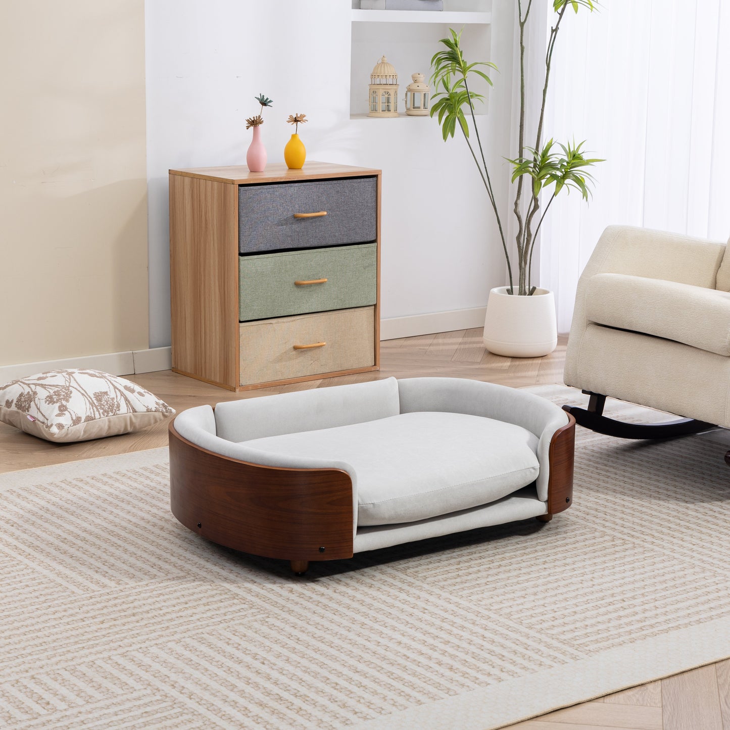 Scandinavian style elevated dog bed by HouseOfZazla with white cushion and wood frame on Tampa Home & Garden Store