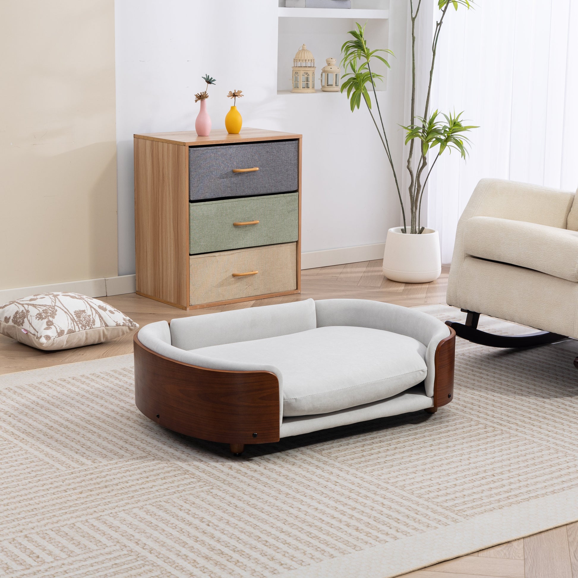 Scandinavian style elevated dog bed by HouseOfZazla with white cushion and wood frame on Tampa Home & Garden Store