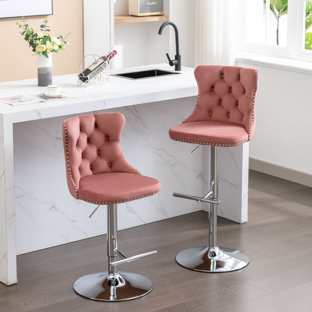 Swivel Adjustable Height Barstools - Set of 2, pink velvet upholstery, tufted backs, chrome pedestal bases on Tampa Home & Garden Store