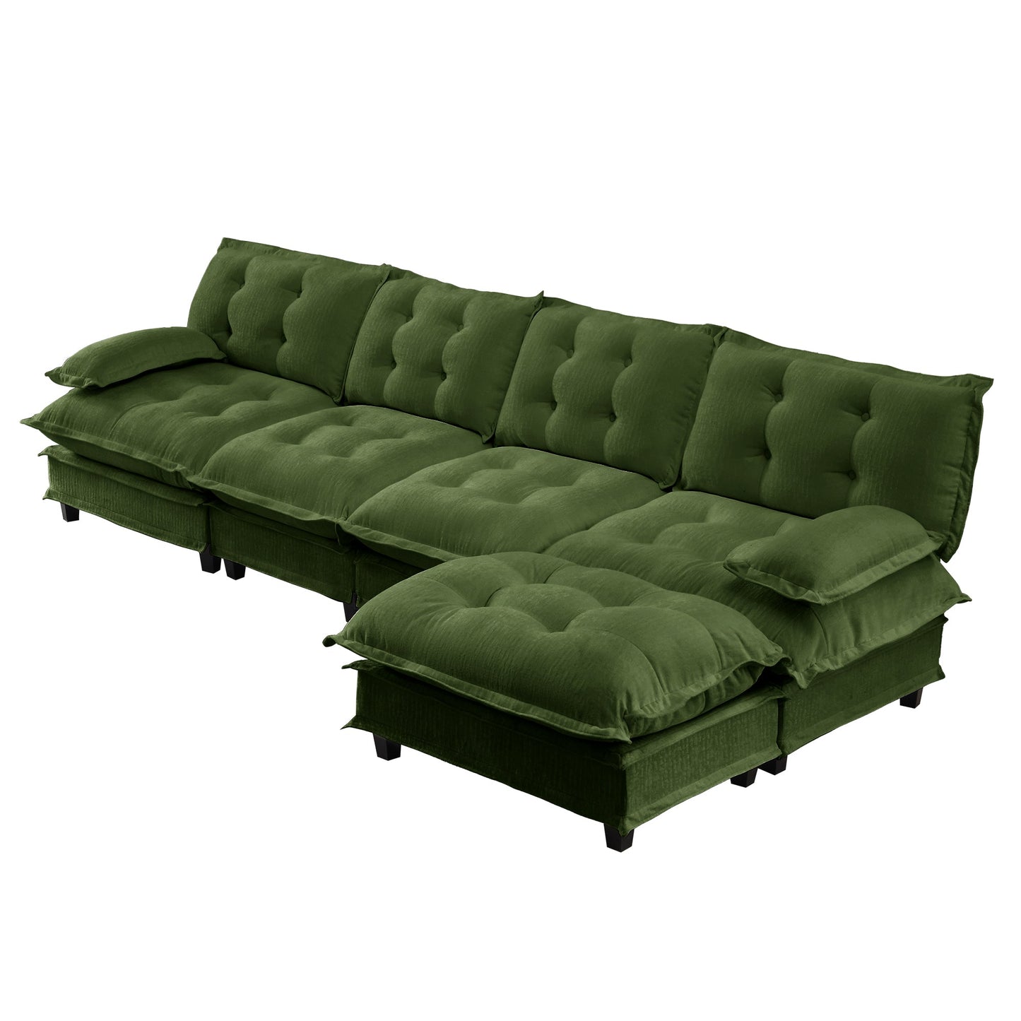 HouseOfZazla 138in L-shaped modern tufted green velvet cloud couch with ottoman on Tampa Home & Garden Store