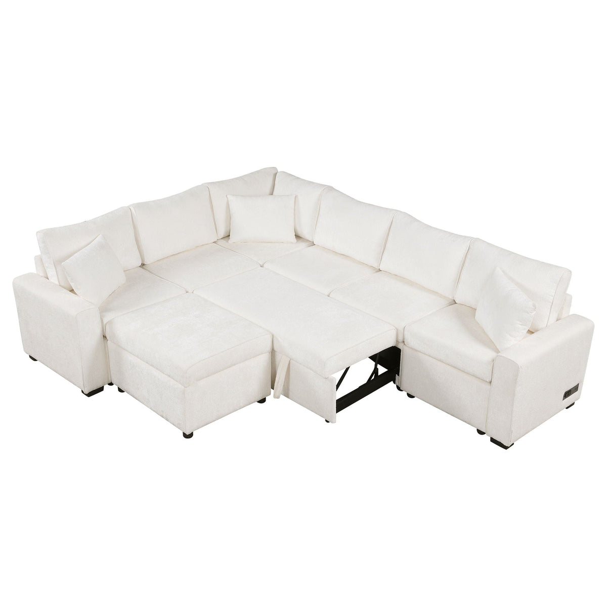 Sectional sleeper sofa HouseOfZazla in white fabric with storage ottoman and three pillows on Tampa Home & Garden Store