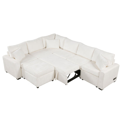 Sectional sleeper sofa HouseOfZazla in white fabric with storage ottoman and three pillows on Tampa Home & Garden Store
