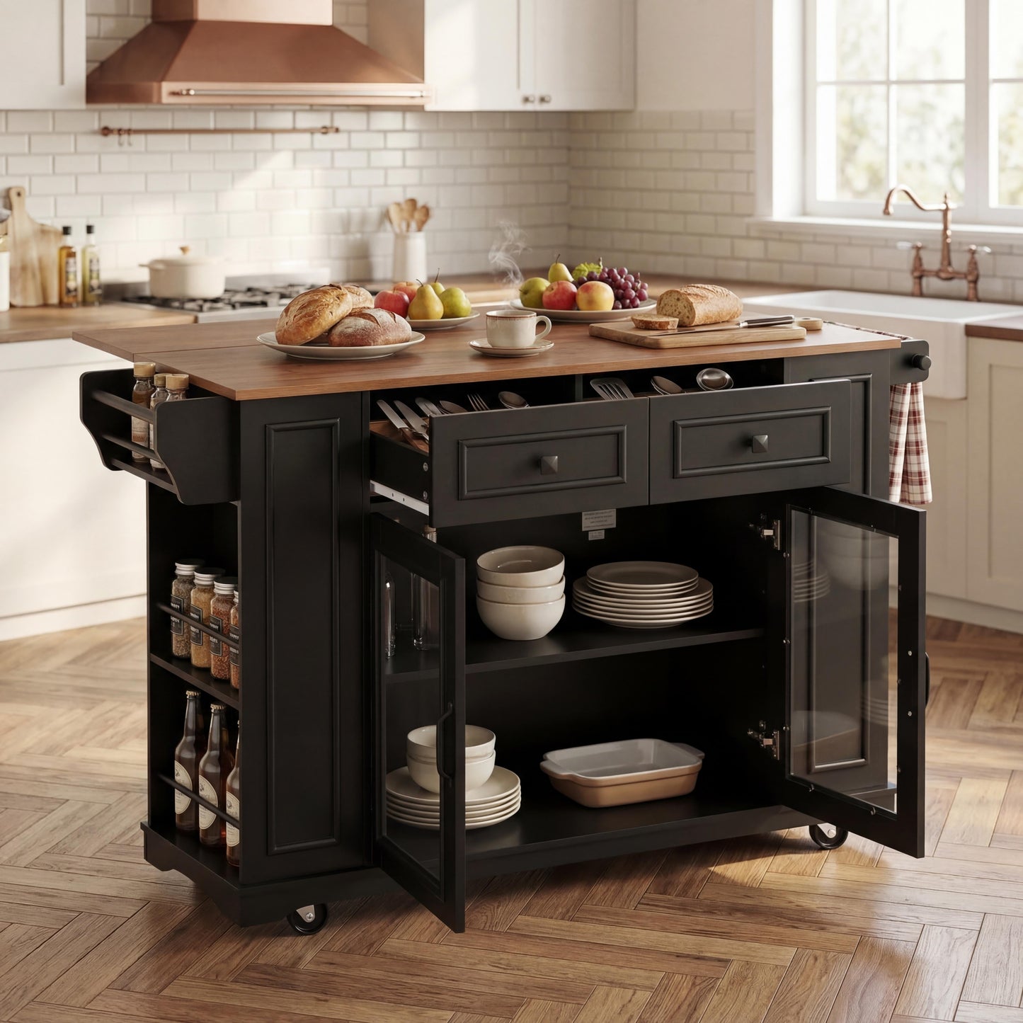 Mobile Kitchen Island with Glass Door and Outlet