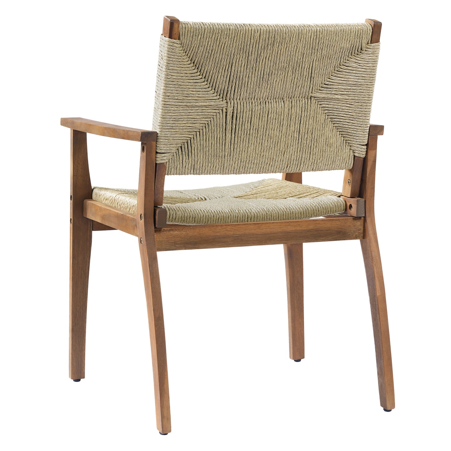 Durable outdoor dining chair with acacia wood frame and natural wicker seat and back woven on Tampa Home & Garden Store