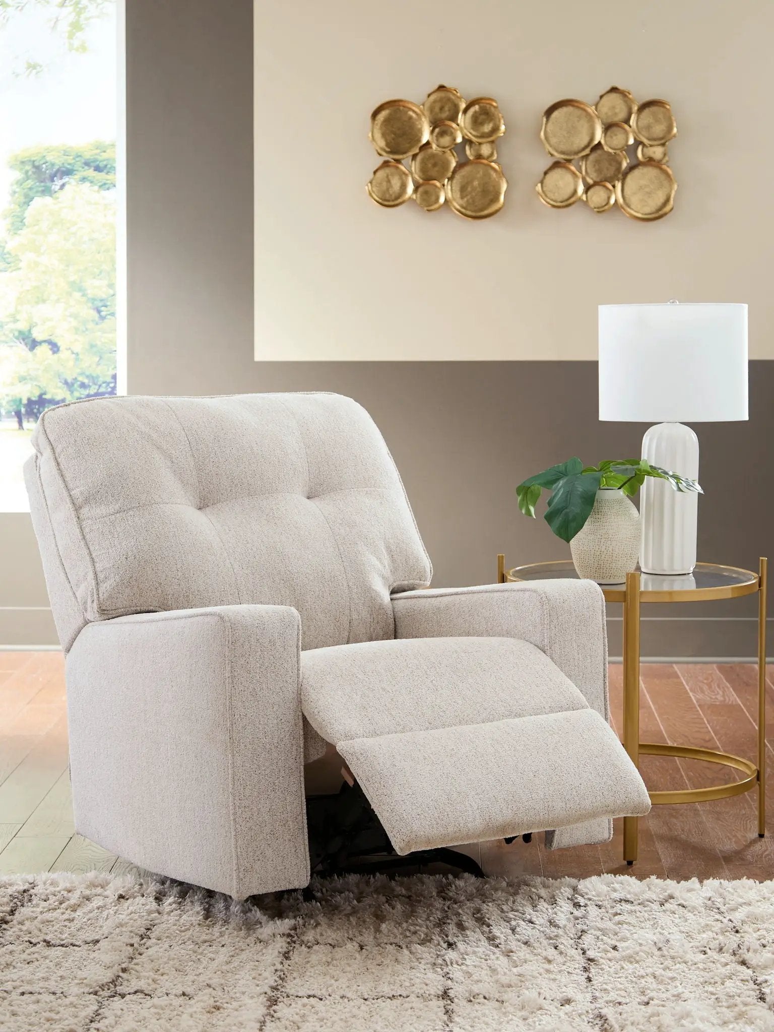 Larimer Rocker Recliner in beige fabric with extended footrest by Unique Piece Furniture on Tampa Home & Garden Store
