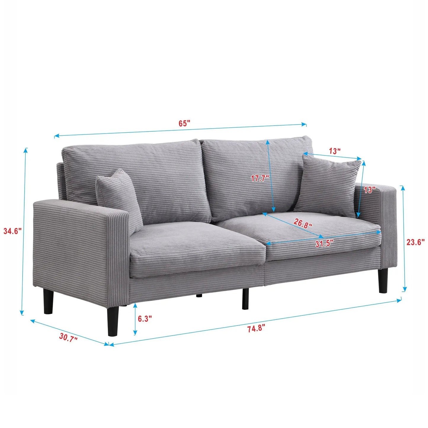 Modern Upholstered Resilience Three Seater Sofa in gray corduroy fabric with black legs on Tampa Home & Garden Store