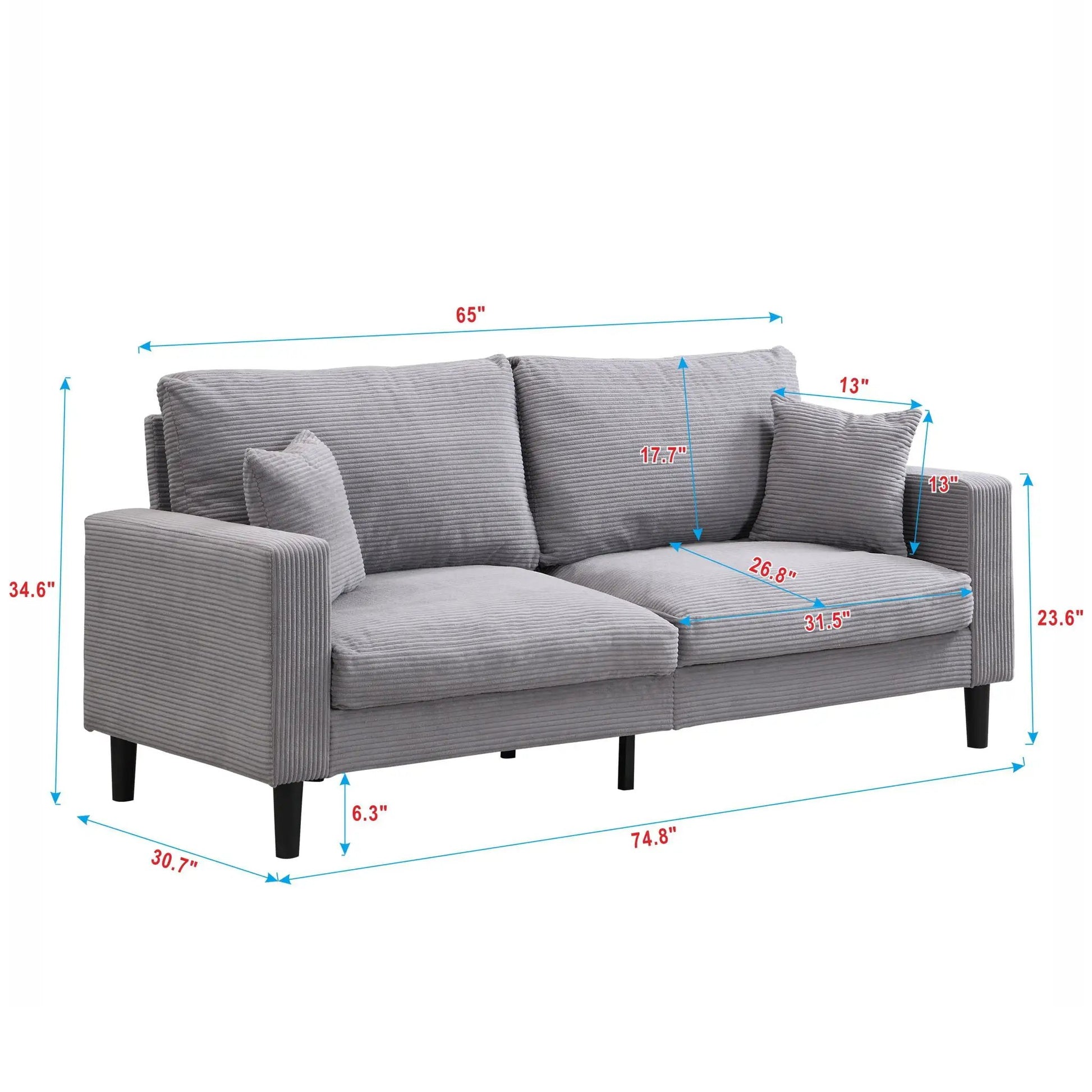 Modern Upholstered Resilience Three Seater Sofa in gray corduroy fabric with black legs on Tampa Home & Garden Store