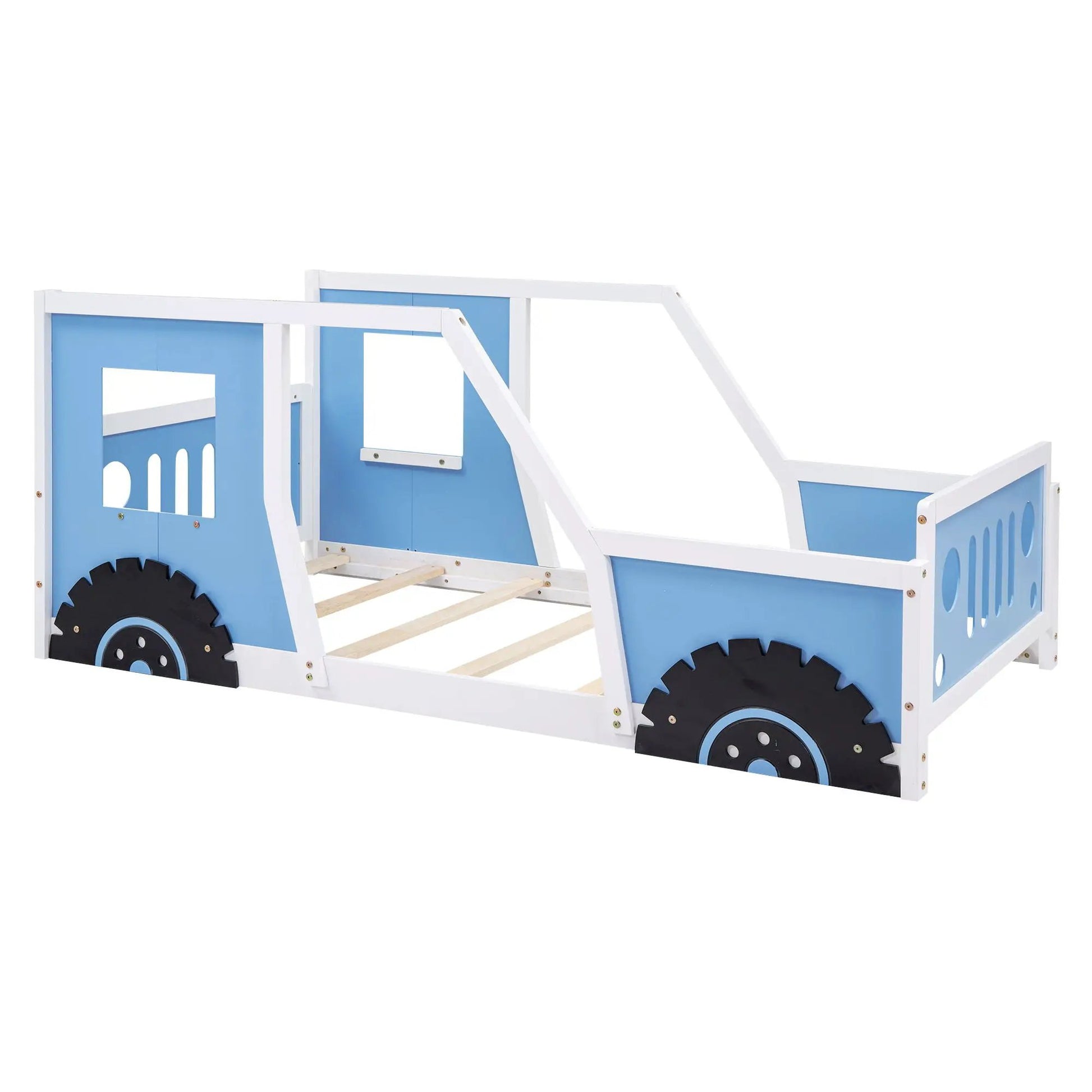 Classic Car Shaped Platform Bed With Wheels by Unique Piece Furniture, blue and white frame on Tampa Home & Garden Store