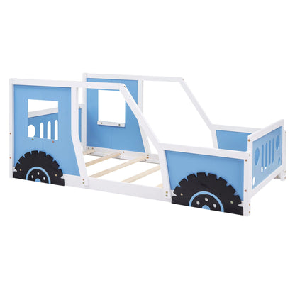 Classic car shaped platform bed with blue panels and white frame, black wheels on Tampa Home & Garden Store