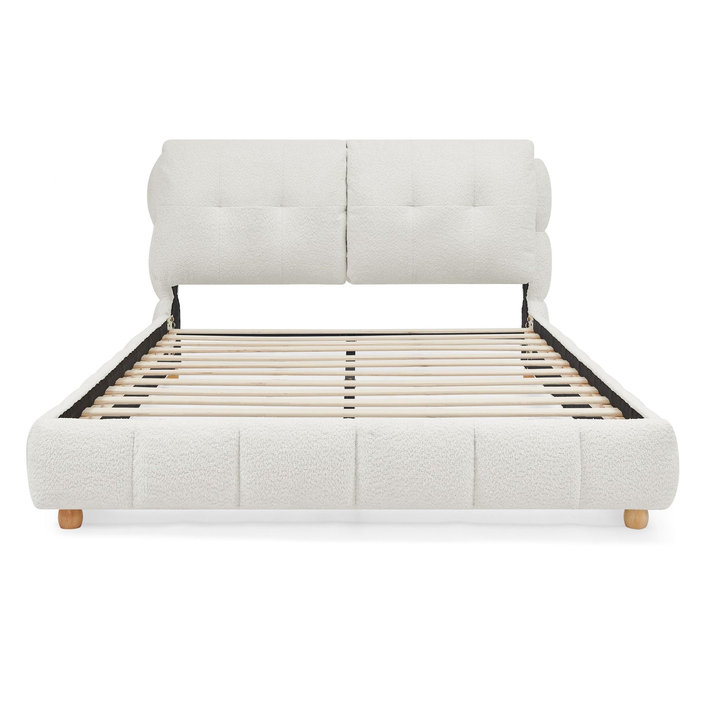 Platform bed with cream boucle upholstered headboard and frame, slatted foundation on Tampa Home & Garden Store