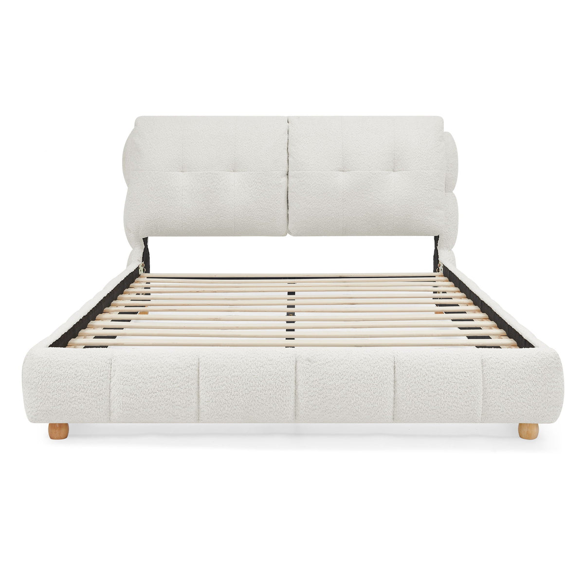 Platform bed with cream boucle upholstered headboard and frame, slatted foundation on Tampa Home & Garden Store