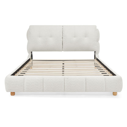 Platform bed with cream boucle upholstered headboard and frame, slatted foundation on Tampa Home & Garden Store
