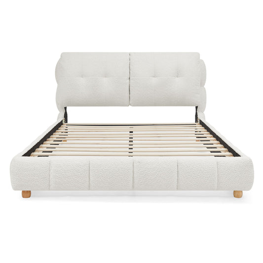 Platform bed with cream boucle upholstered headboard and frame, slatted foundation on Tampa Home & Garden Store