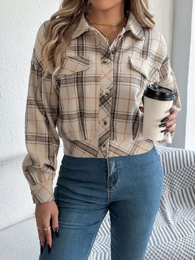 Stevvex classic plaid button-up long sleeve jacket, beige tones, cozy everyday wear on Tampa Home & Garden Store