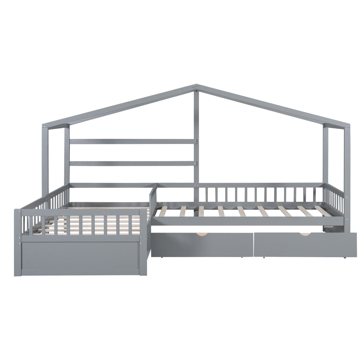 L-shaped gray metal platform bed with 3 built-in storage drawers and slatted base on Tampa Home & Garden Store