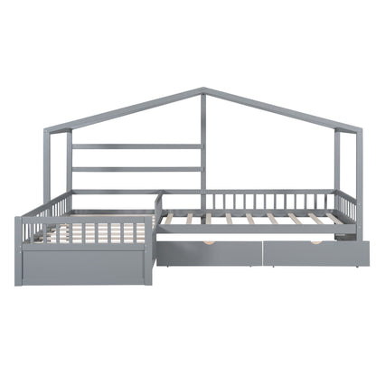L-shaped gray metal platform bed with 3 built-in storage drawers and slatted base on Tampa Home & Garden Store