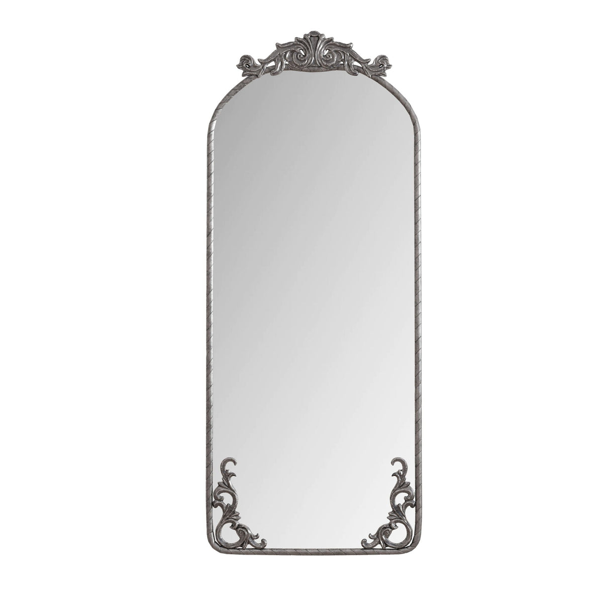 Full body arched wall mirror with vintage carved applique in bronze or pearl silver on Tampa Home & Garden Store
