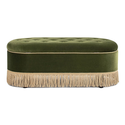Melinda - Oval Tufted Bullion Fringe Storage Bench, olive velvet, gold fringe, HouseOfZazla on Tampa Home & Garden Store