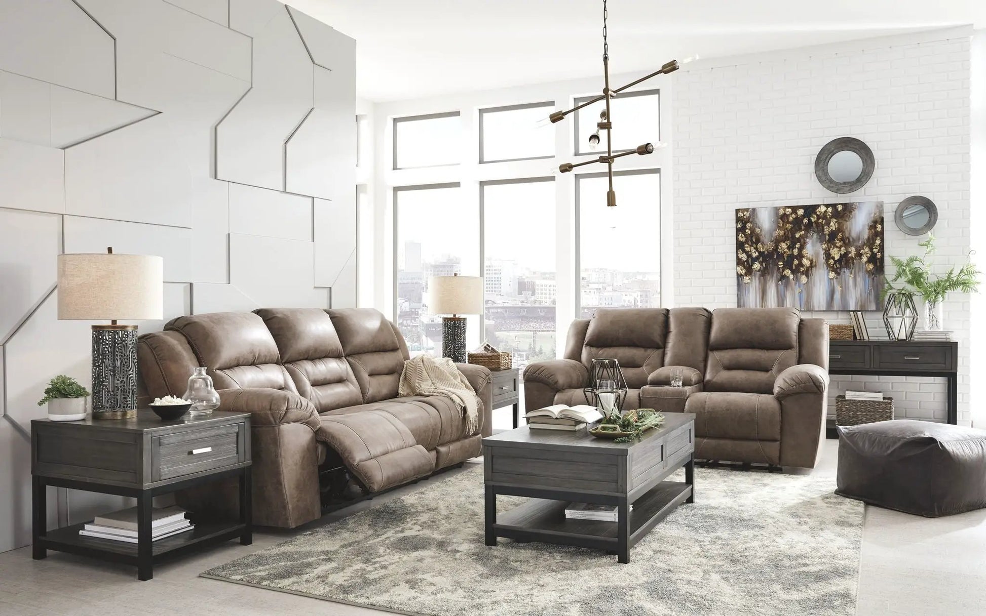 Stoneland reclining living room set two brown leather sofas with dark wood end tables on Tampa Home & Garden Store