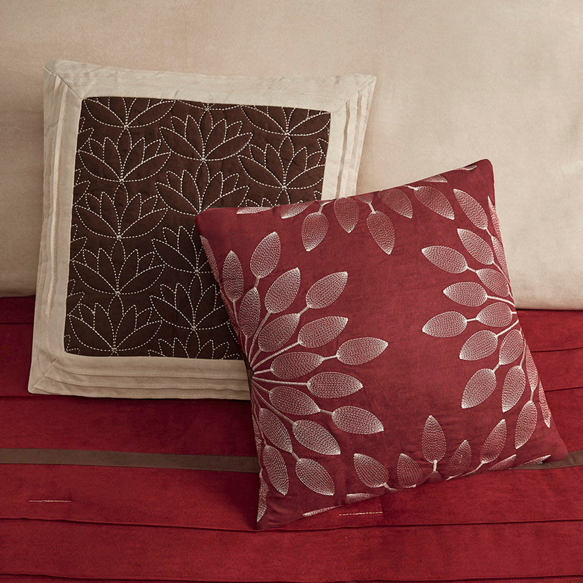 7 PC Pieced Faux Suede Comforter Set Red Cal King with 2 leaf-pattern pillows on burgundy bed on Tampa Home & Garden Store