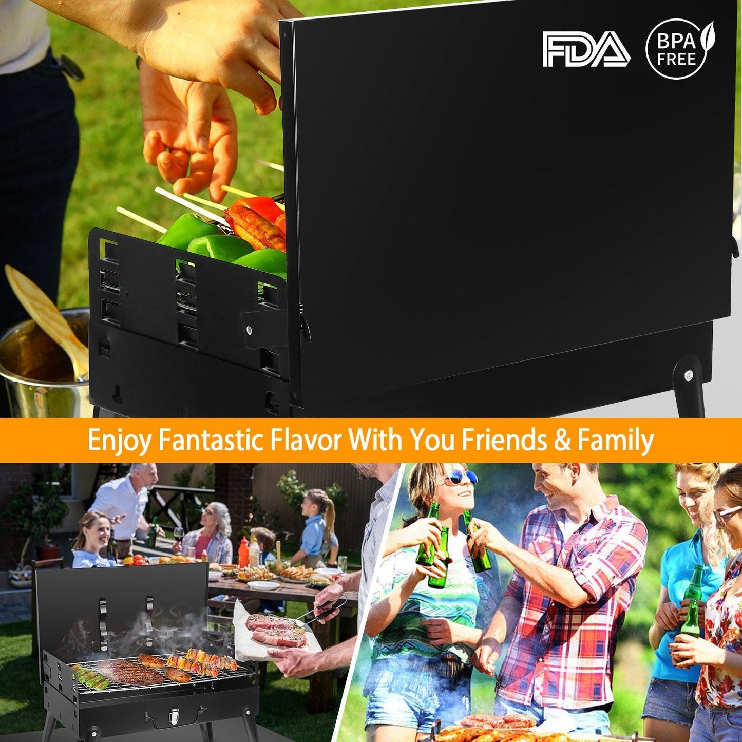 GemGear portable charcoal grill foldable suitcase with side shelf in black for outdoor cooking on Tampa Home & Garden Store