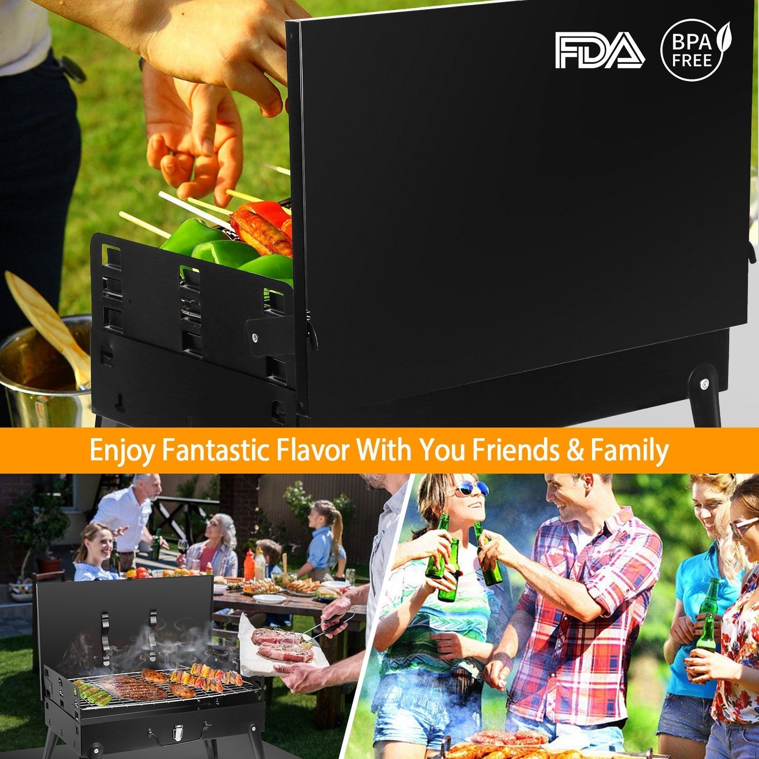 GemGear portable charcoal grill foldable suitcase with side shelf in black for outdoor cooking on Tampa Home & Garden Store