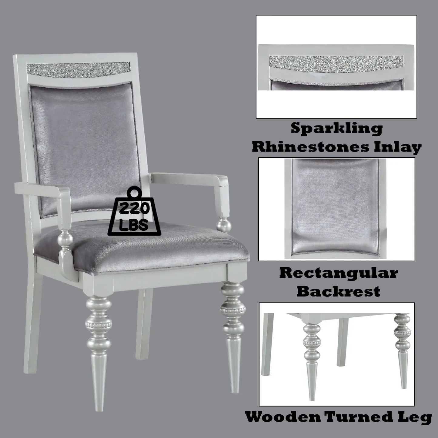 Maverick Arm Chair Set of 2 Silver with rhinestone inlay and grey upholstery on wooden legs on Tampa Home & Garden Store