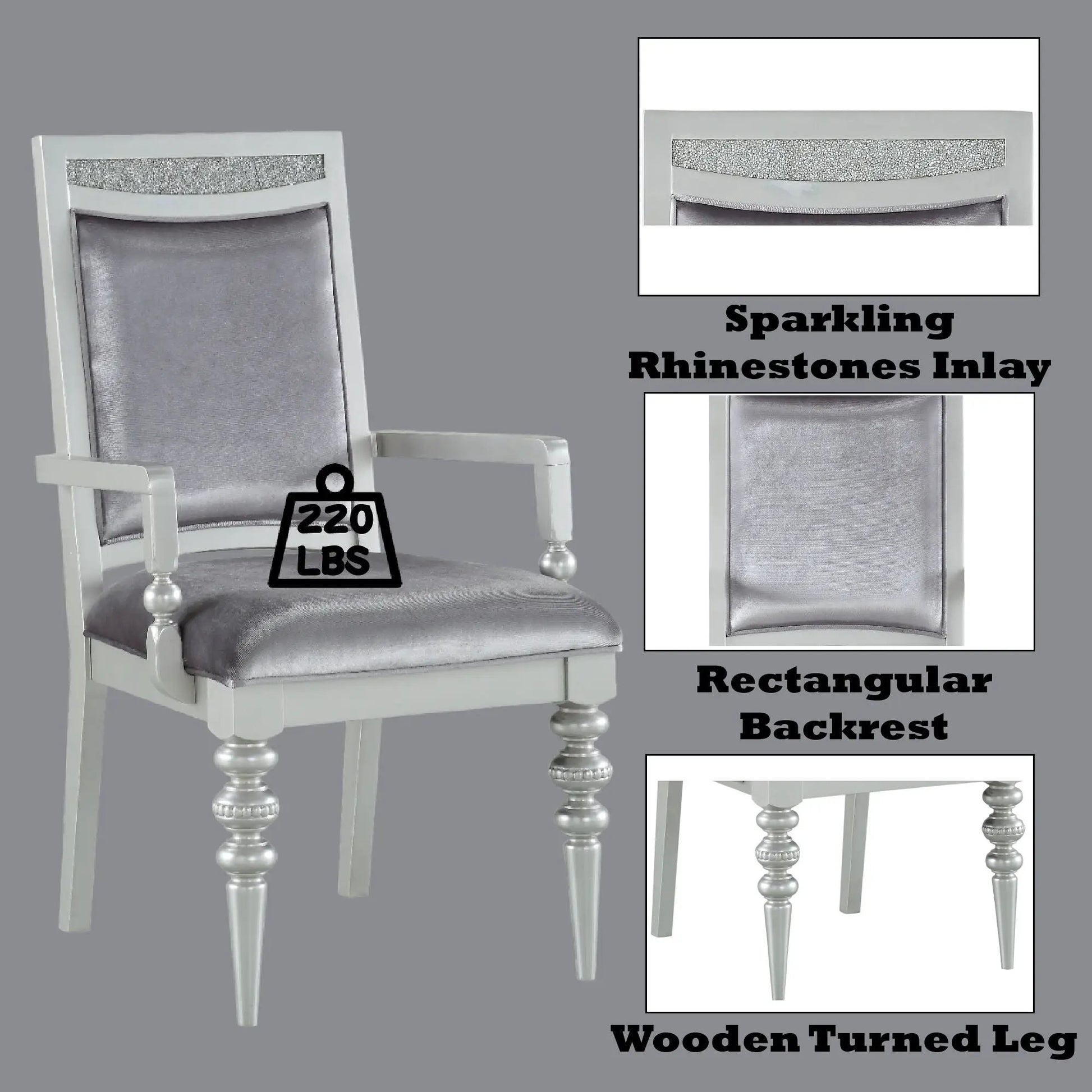Maverick Arm Chair Set of 2 Silver with rhinestone inlay and grey upholstery on wooden legs on Tampa Home & Garden Store