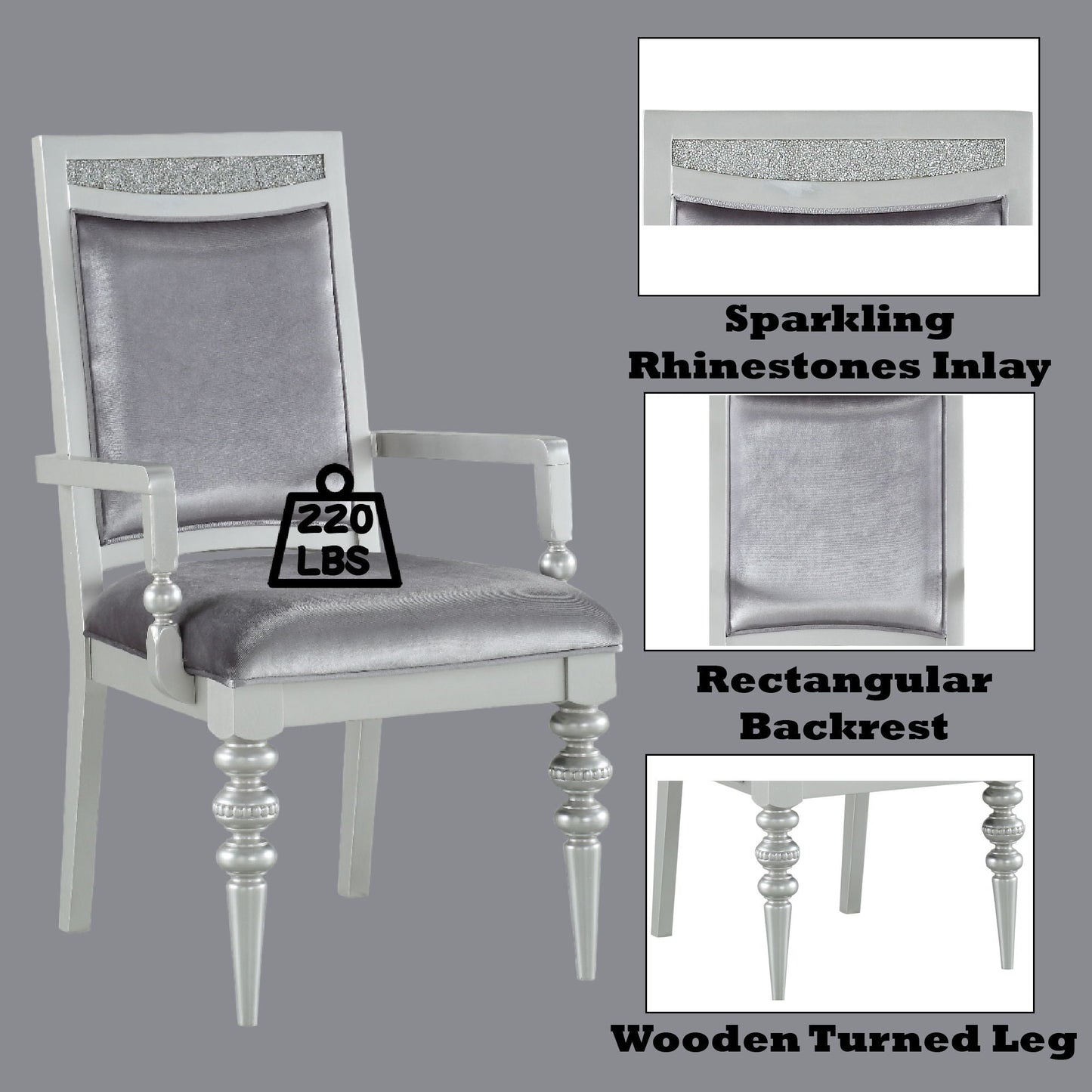 Maverick Arm Chair set of 2 in silver with rhinestone inlay on backrests, velvet seats on Tampa Home & Garden Store