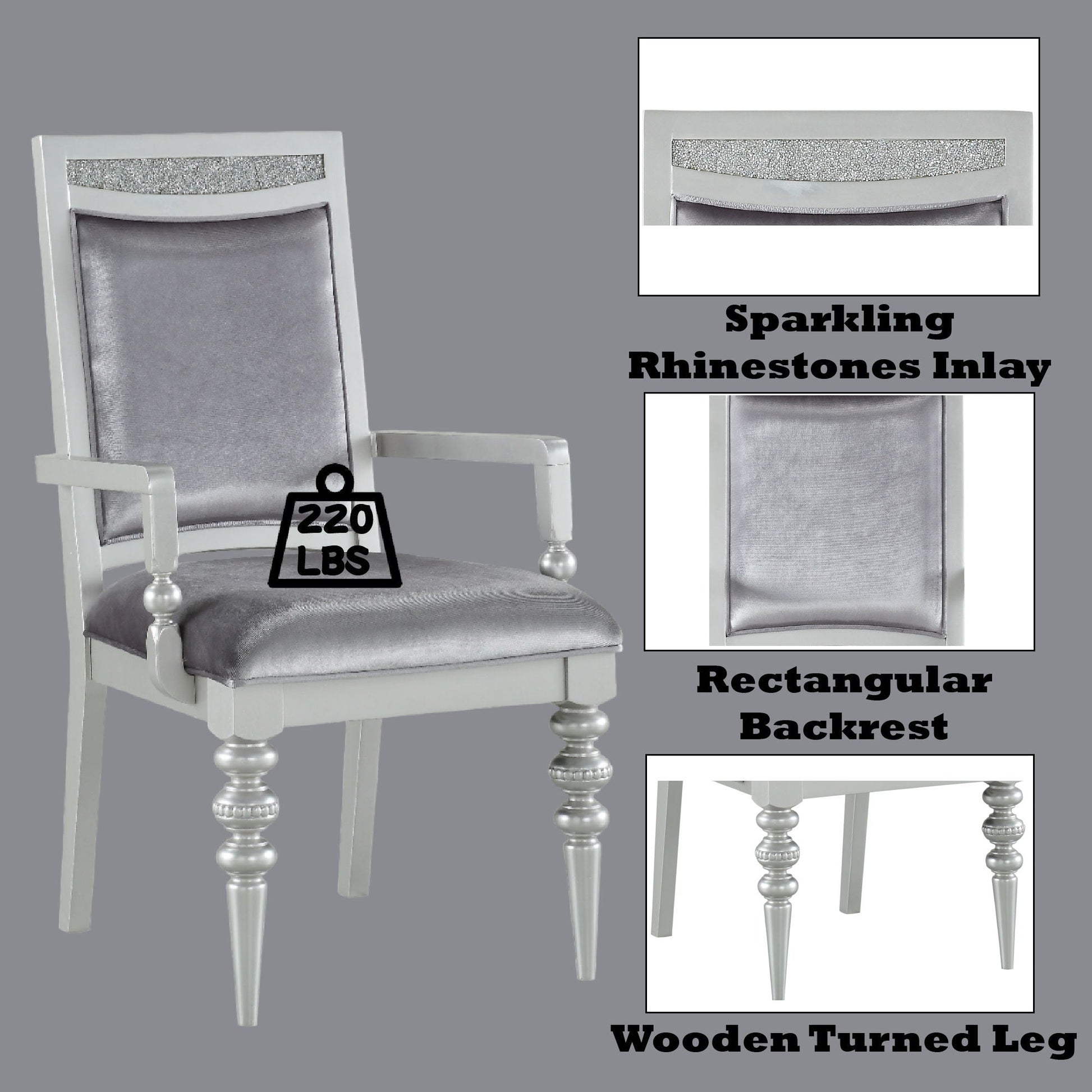 Maverick Arm Chair set of 2 in silver with rhinestone inlay on backrests, velvet seats on Tampa Home & Garden Store