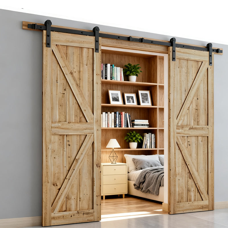 8 ft double sliding barn door track and handle hardware kit by HouseOfZazla in rustic wood with black metal hardware on Tampa Home & Garden Store