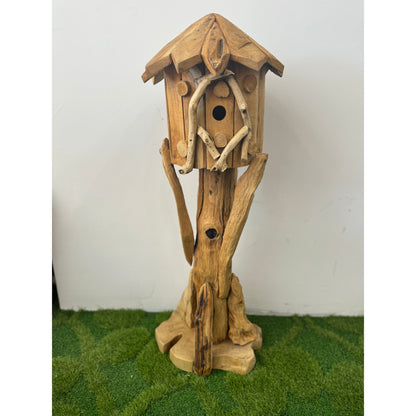 Hand Carved Teak Bird House by The Broward Design Center, rustic natural wood with twig accents on Tampa Home & Garden Store