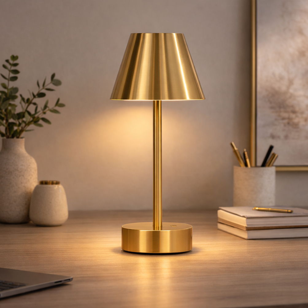 Elegance rechargeable LED table lamp by HouseOfZazla, gold-tone finish conical shade on desk on Tampa Home & Garden Store