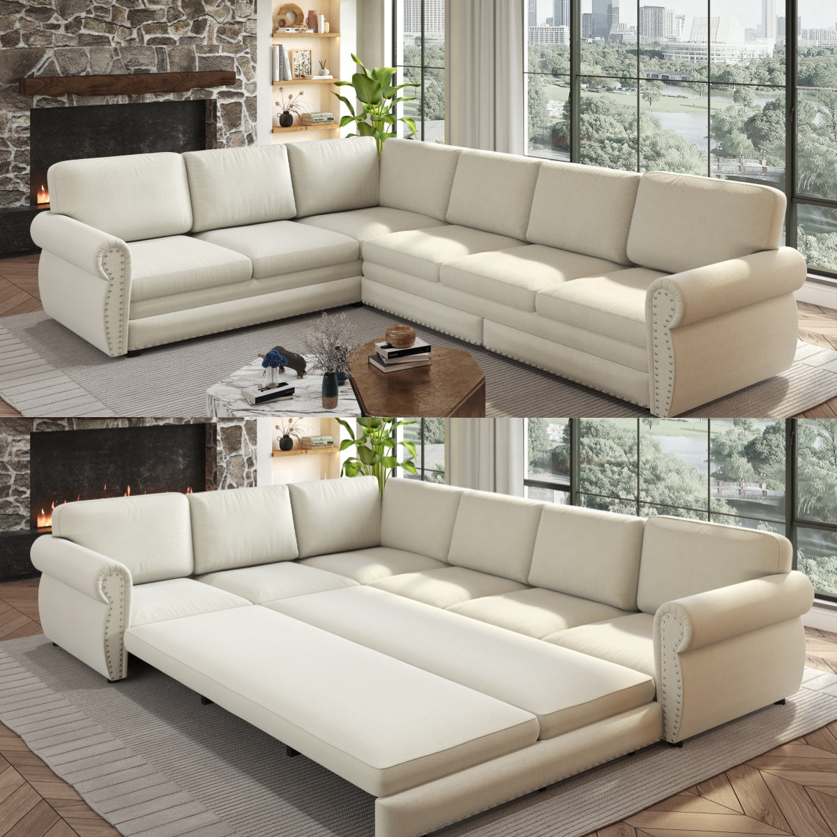 118-inch L-shaped convertible sofa bed in cream fabric with chaise, converts to full bed on Tampa Home & Garden Store