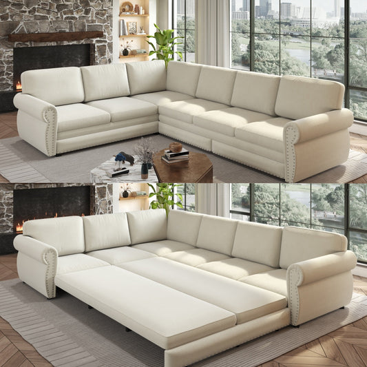118-inch L-shaped convertible sofa bed in cream fabric with chaise, converts to full bed on Tampa Home & Garden Store