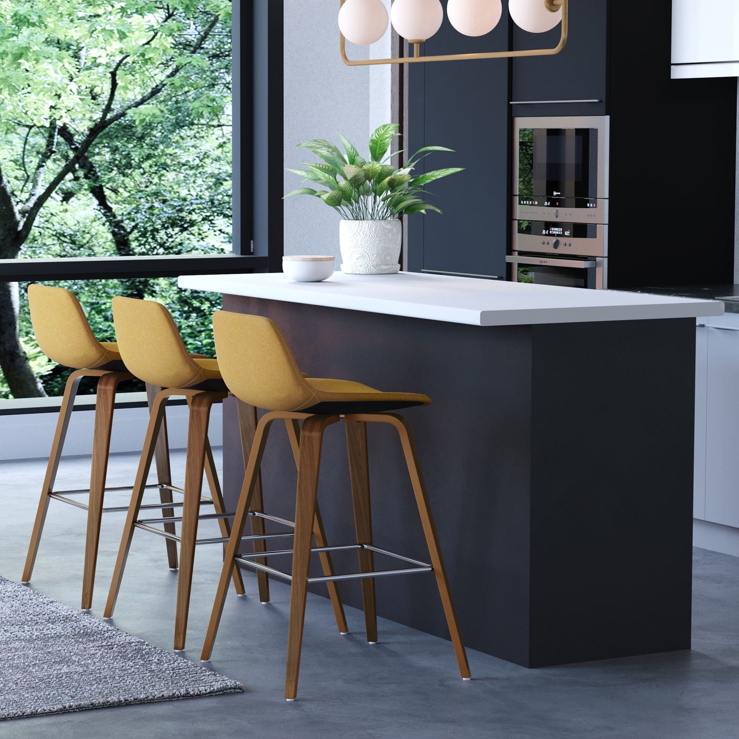 Randolph Bentwood counter stools set of 2 with wood legs and mustard seats at kitchen island on Tampa Home & Garden Store